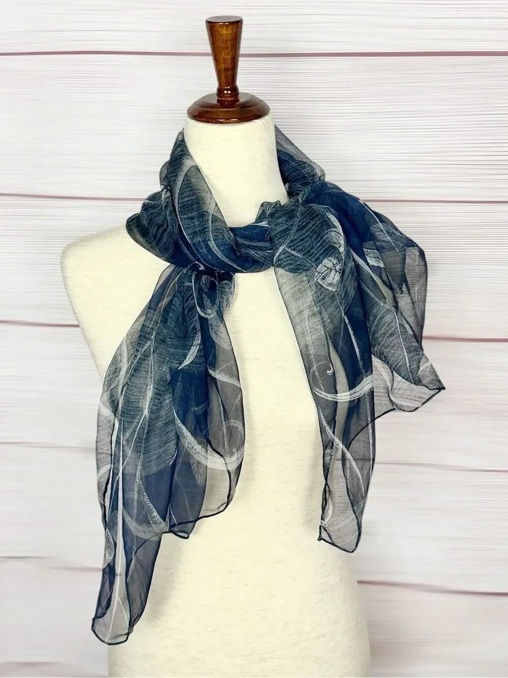 NWT HUALI Silk Chiffon Scarf Dark Blue Floral Sheer Lightweight Hand Rolled